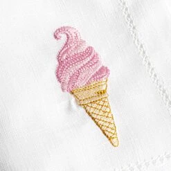 Serviette En Lin Brodée | CORNET DE GLACE -Atelier Élégance Pas Cher Magasin NAPKIN CLOSE UP ICECREAM